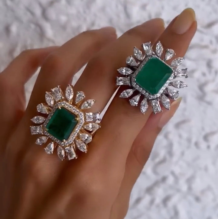 925 Silver Pevora CZ Emerald Ring - Amrrutam 