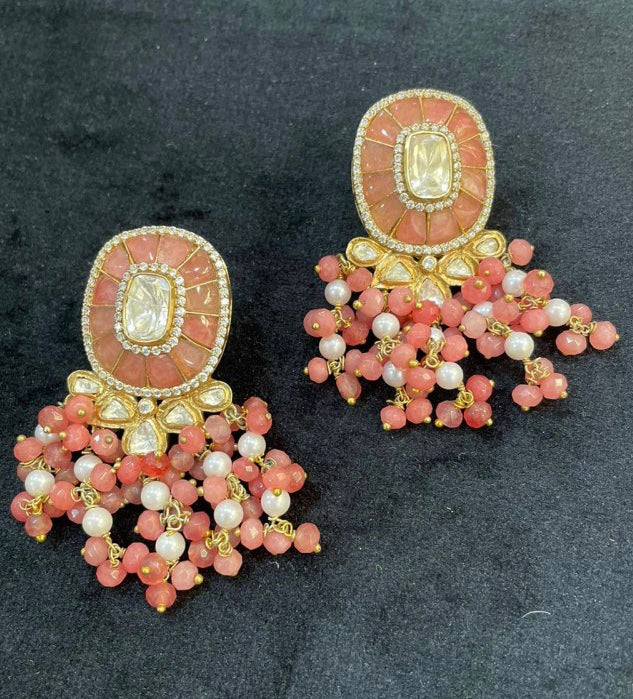 925 Silver Gunsha Blush Polki Drop Earring - Amrrutam 