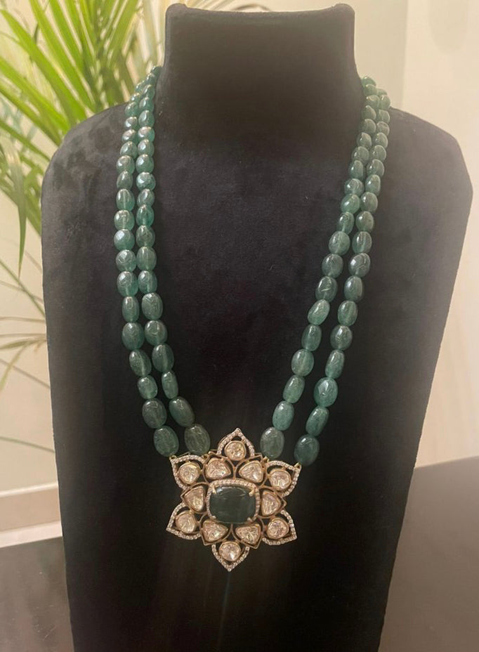 925 Silver Emerald Pendant Polki Necklace - Amrrutam 