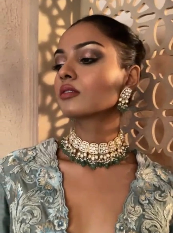 925 Silver Masari Polki Choker Necklace Set - Amrrutam