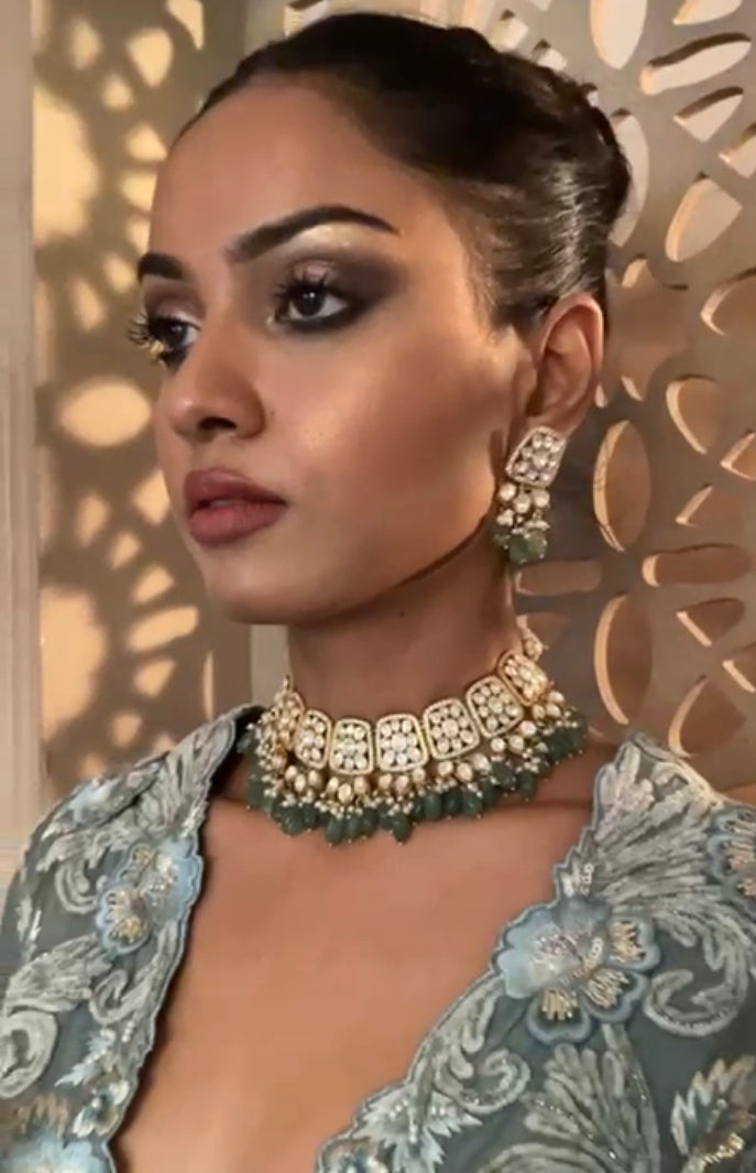 925 Silver Masari Polki Choker Necklace Set - Amrrutam