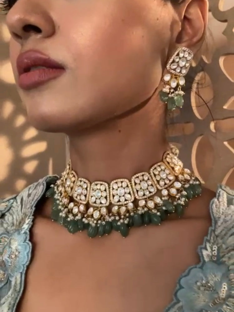 925 Silver Masari Polki Choker Necklace Set - Amrrutam