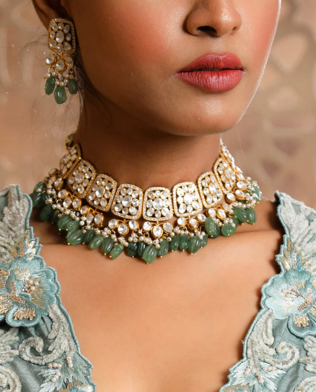925 Silver Masari Polki Choker Necklace Set - Amrrutam 