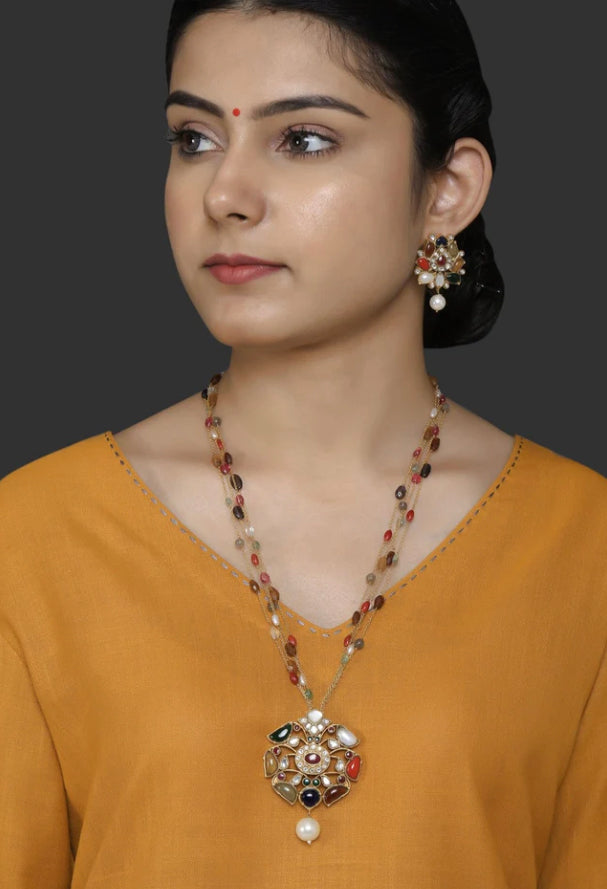 Silver Navratana Pendant Set - Amrrutam 