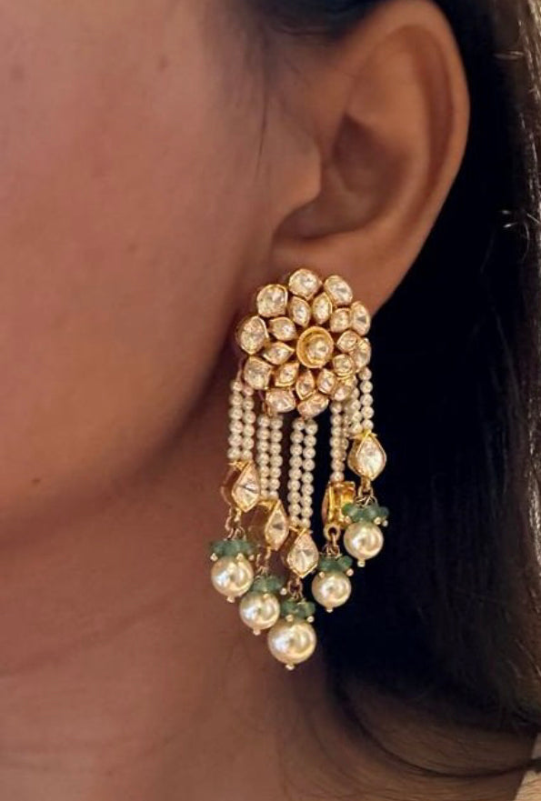 925 Silver Jhallariya Polki Drop Earring - Amrrutam 