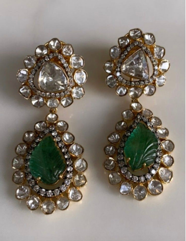 925 Silver Fairosha Polki Emerald Earrings - Amrrutam 