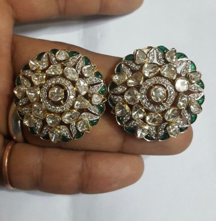 925 Silver Taslim Polki Emerald Stud Earrings - Amrrutam 