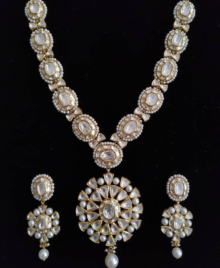 925 Silver Madhuri Shree Polki Necklace Set - Amrrutam 
