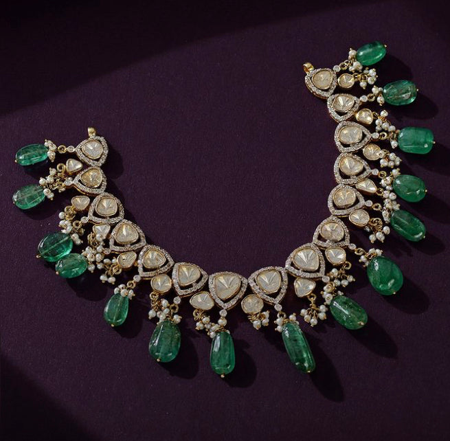 925 Silver Bindal Polki Necklace - Amrrutam 