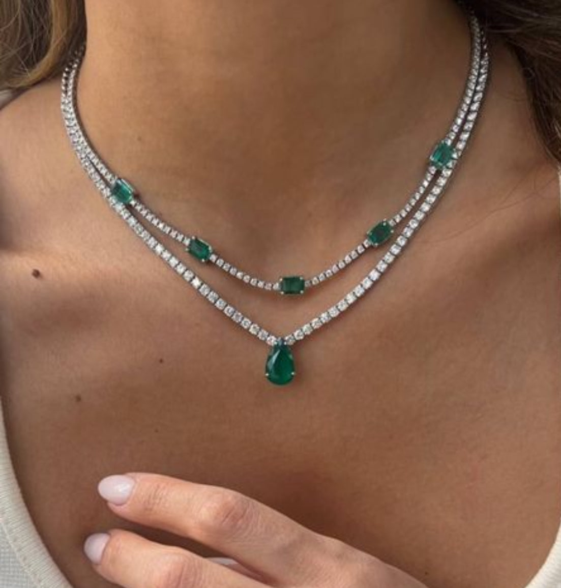 925 Silver Emerald Swarovski Two Layer Necklace - Amrrutam Jewellery