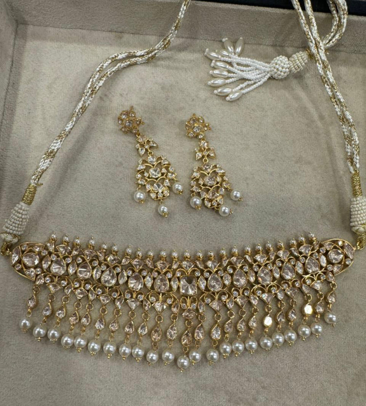 925 Silver Tara Polki Choker Necklace Set - Amrrutam Jewellery