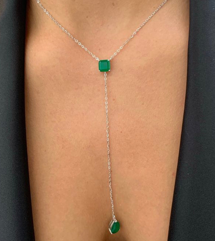 Long Green Drop Necklace in 92.5 Silver - Amrrutam
