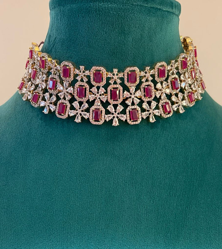925 Silver Ruby CZ Choker Necklace - Amrrutam Jewellery