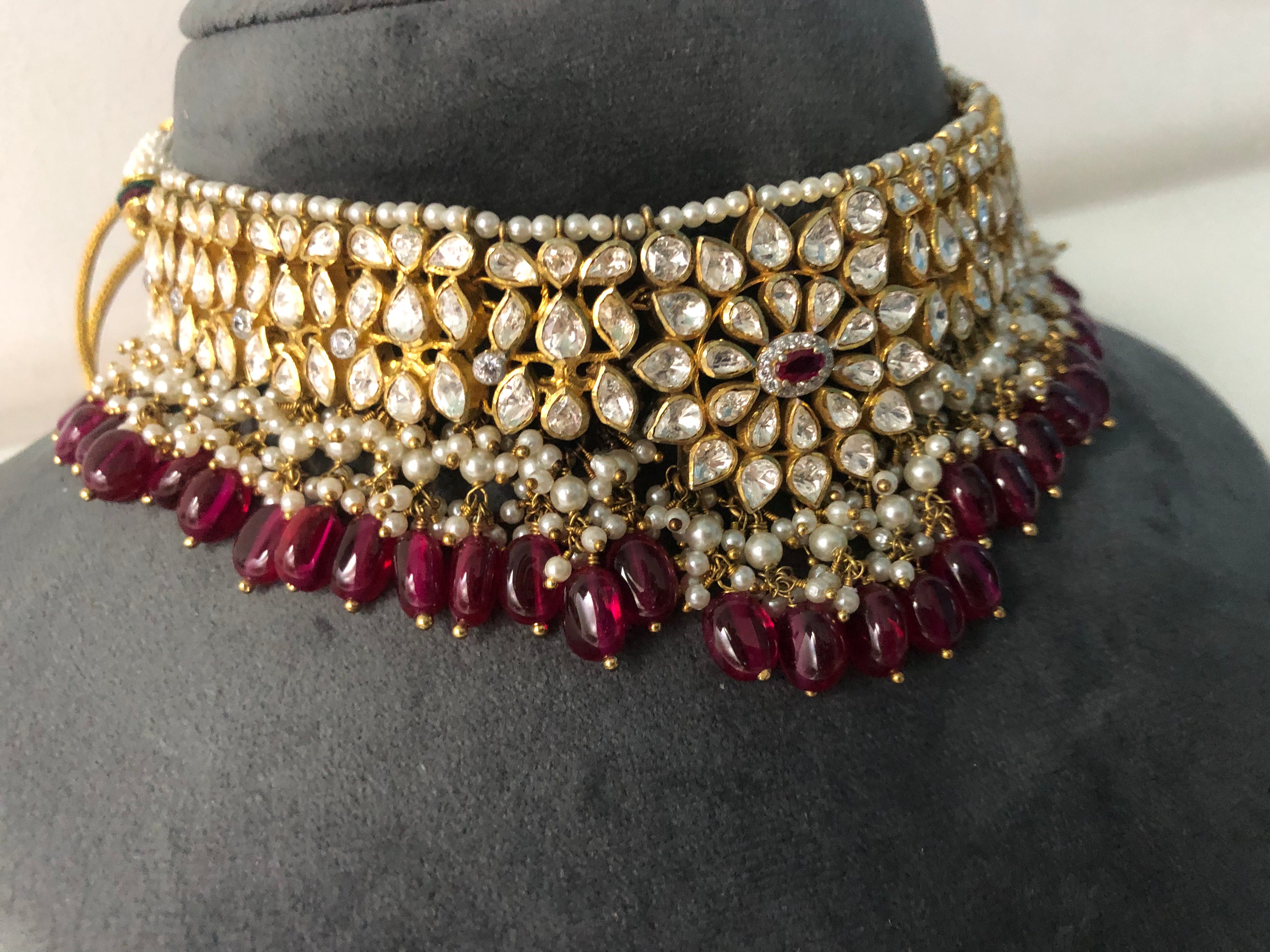 925 Silver Viraya Ruby Polki Choker Necklace - Amrrutam Jewellery