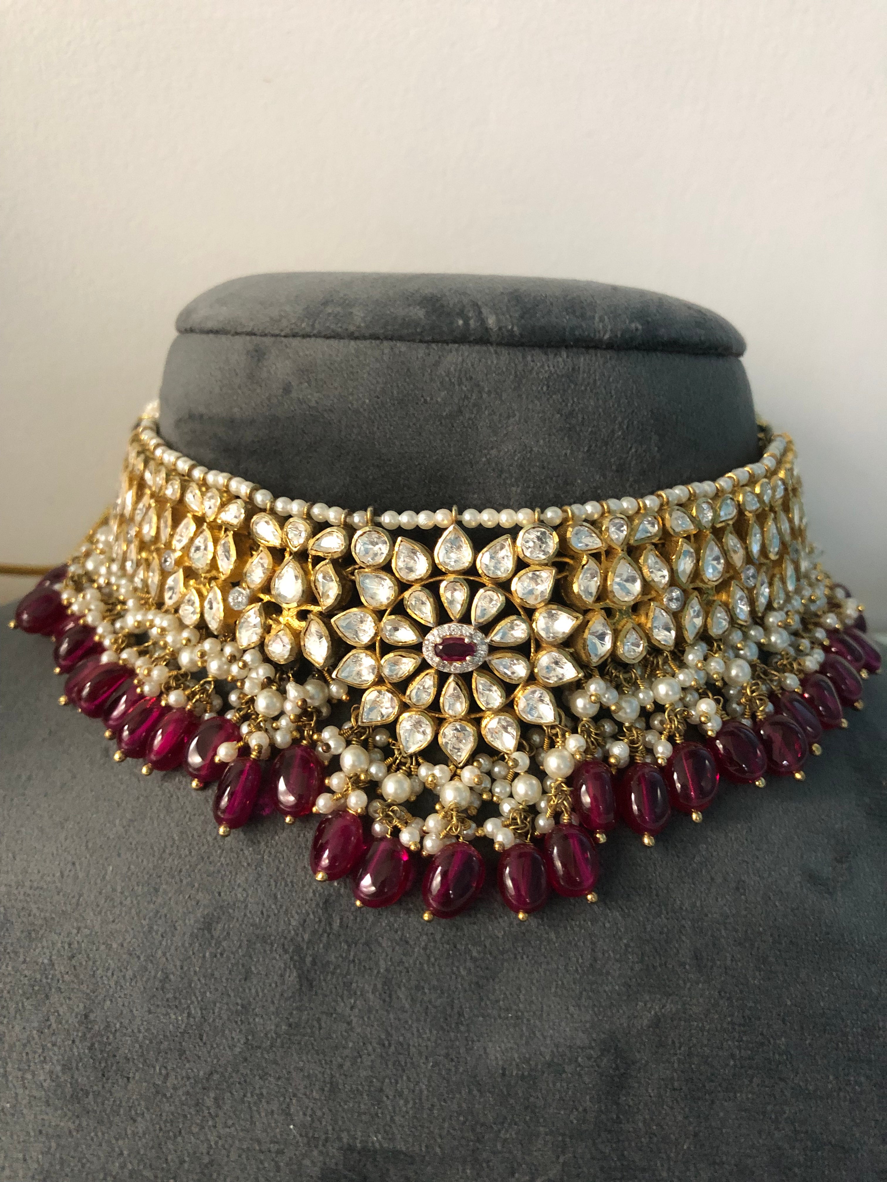 925 Silver Viraya Ruby Polki Choker Necklace - Amrrutam Jewellery