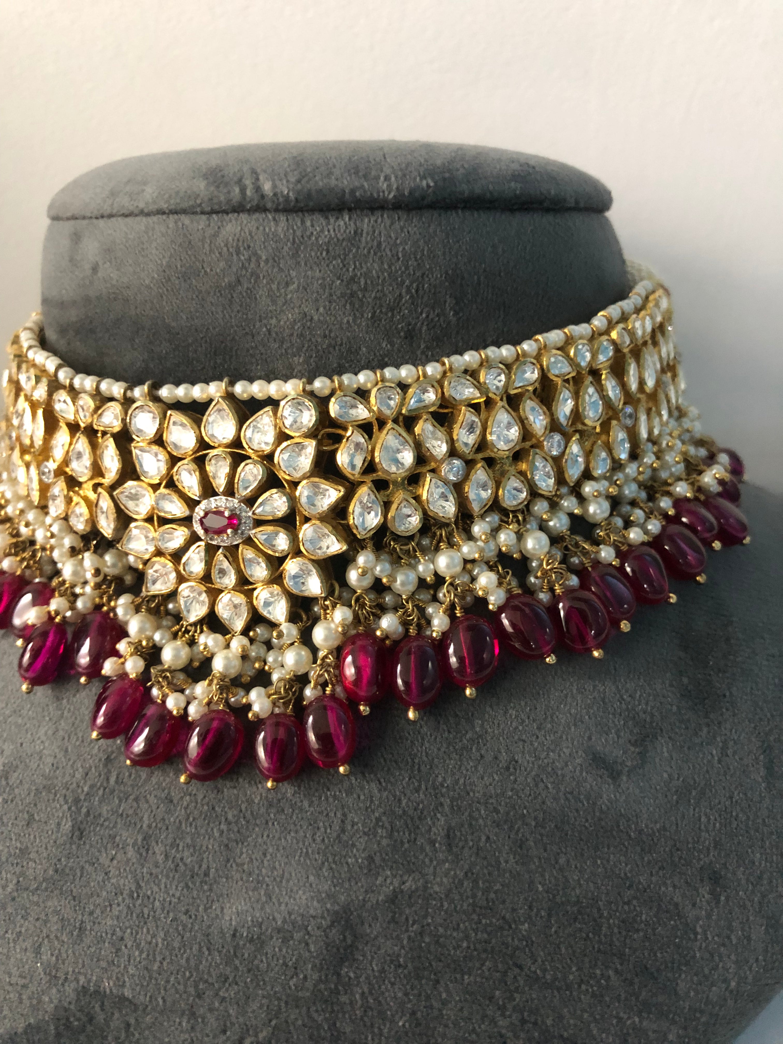 925 Silver Viraya Ruby Polki Choker Necklace - Amrrutam Jewellery
