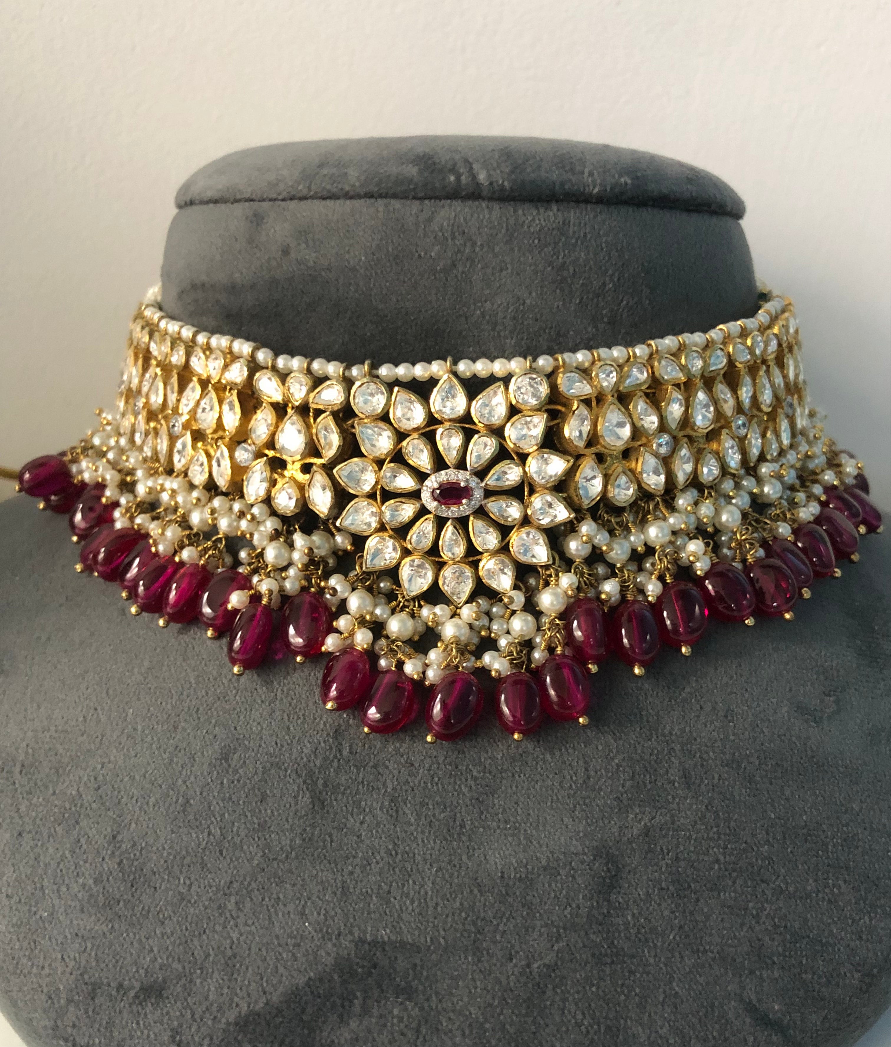 925 Silver Viraya Ruby Polki Choker Necklace - Amrrutam Jewellery