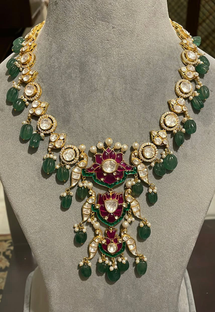 925 Silver Kalash Polki Peacock Ruby Necklace - Amrrutam