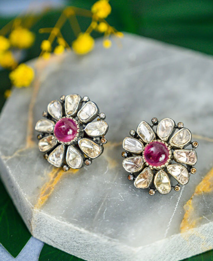 925 Silver Bela Ruby Uncut Diamond Earrings - Amrrutam 