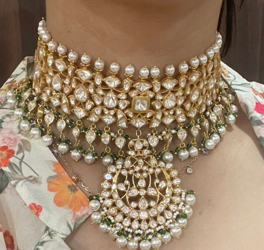 925 Silver Saraj Polki Necklace Set - Amrrutam 