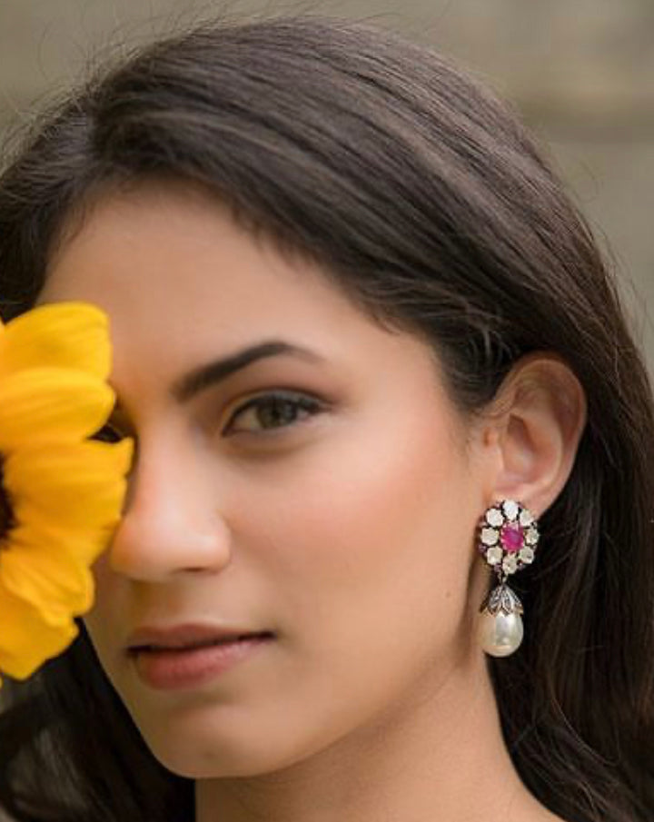 925 Silver Signature Ruby Flower Earrings - Amrrutam