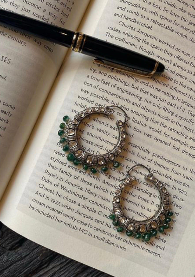 925 Silver Eclipse Emerald and Uncut Diamond Hoop Earrings - Amrrutam