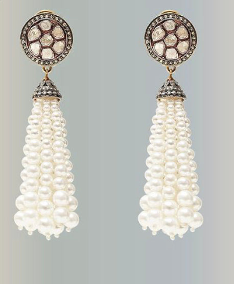 925 Silver Piccolo Round Uncut Diamond Earrings with Pearl Fringe - Amrrutam