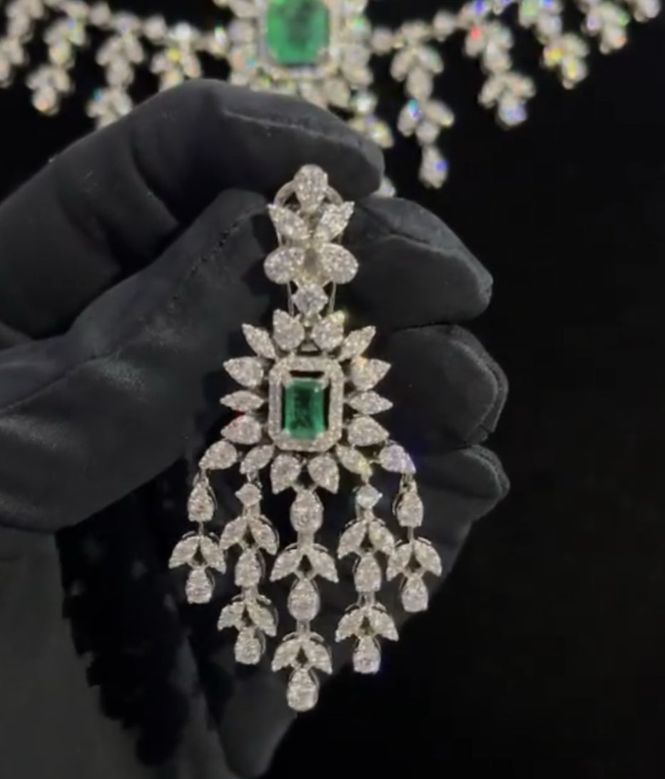 Bridal Silver Necklace Set with Emerald Swarovski Stone