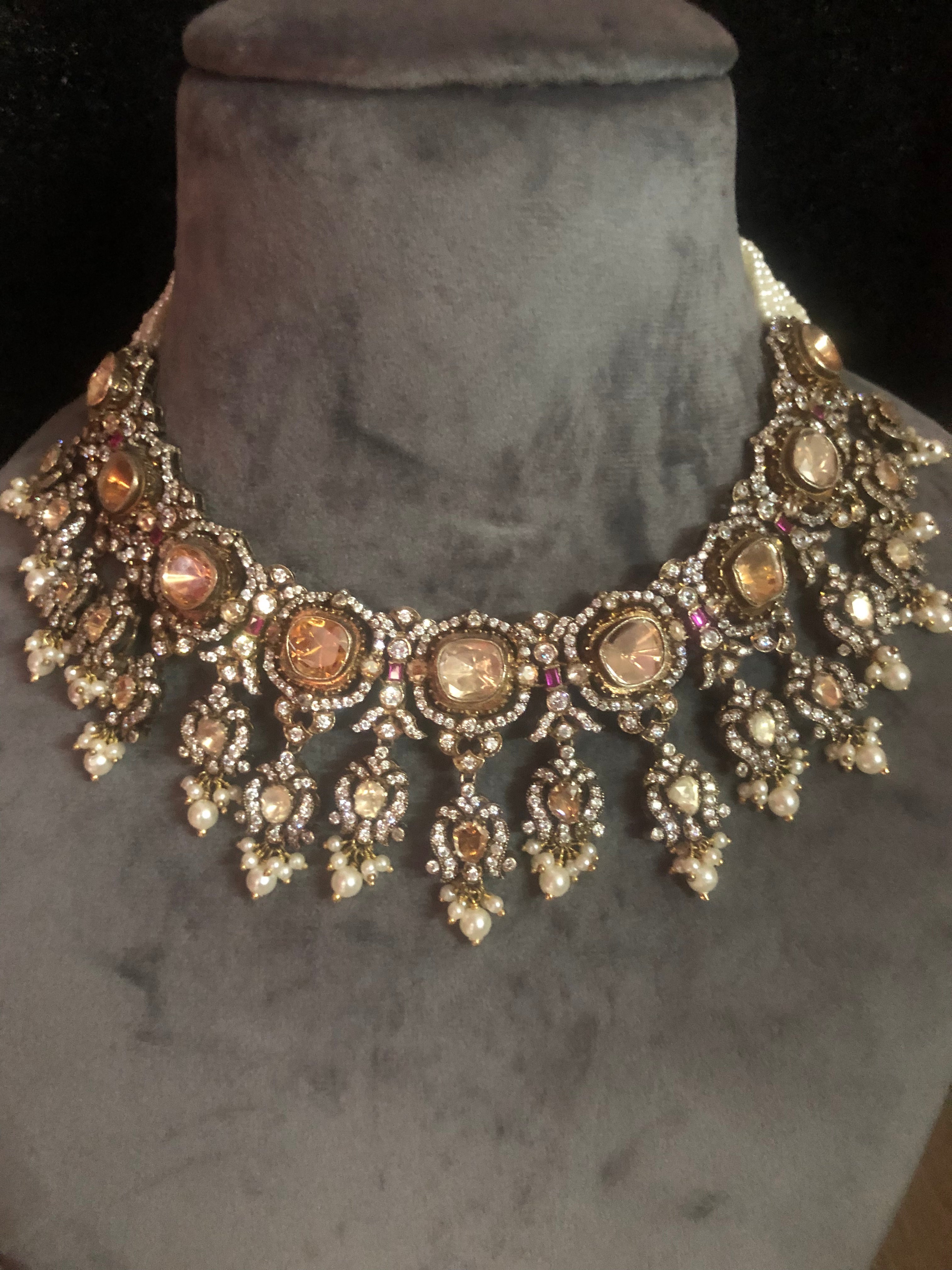 925 Silver Pukhraj Rani Polki Necklace Set - Amrrutam Jewellery