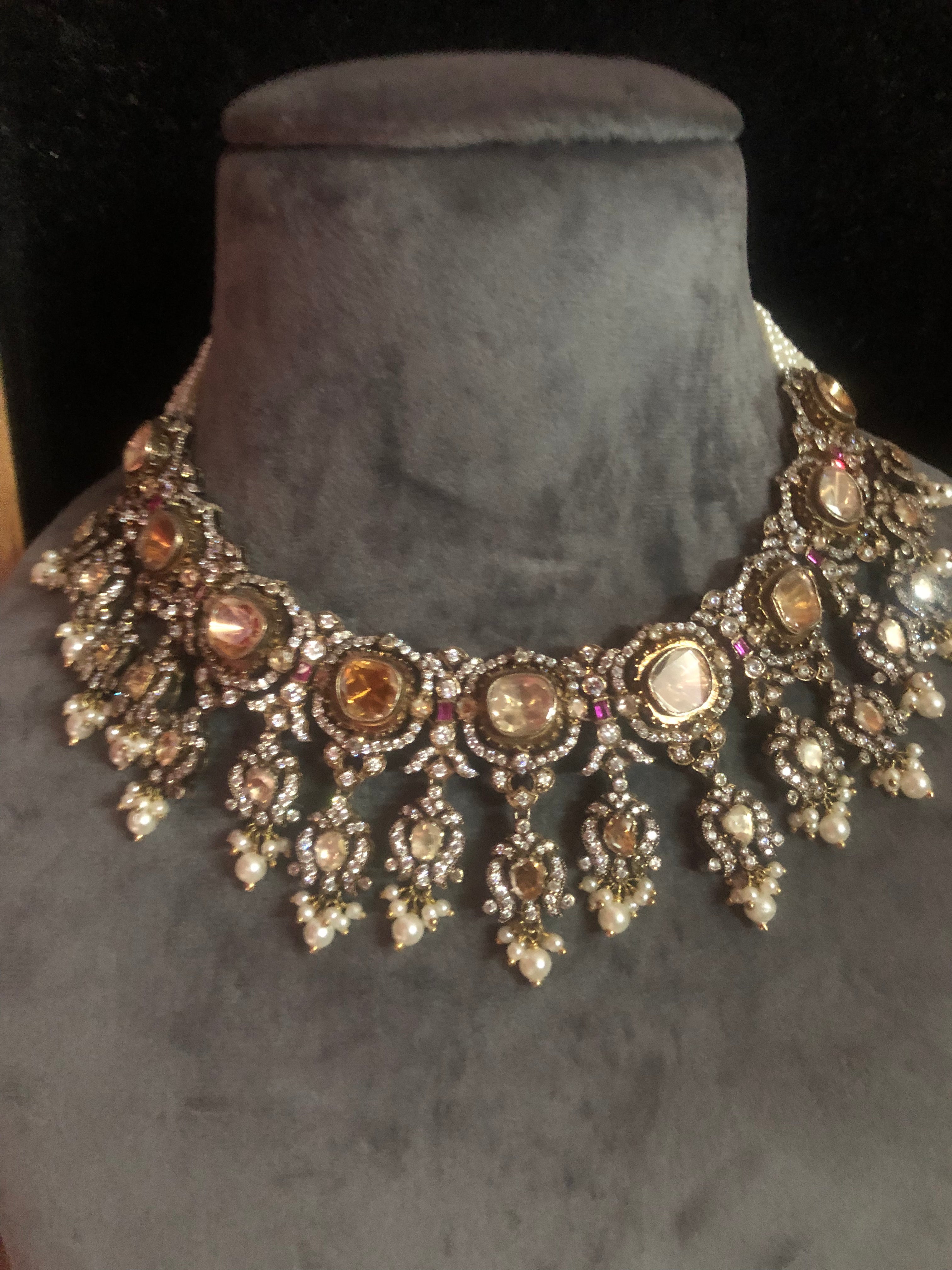 925 Silver Pukhraj Rani Polki Necklace Set - Amrrutam Jewellery
