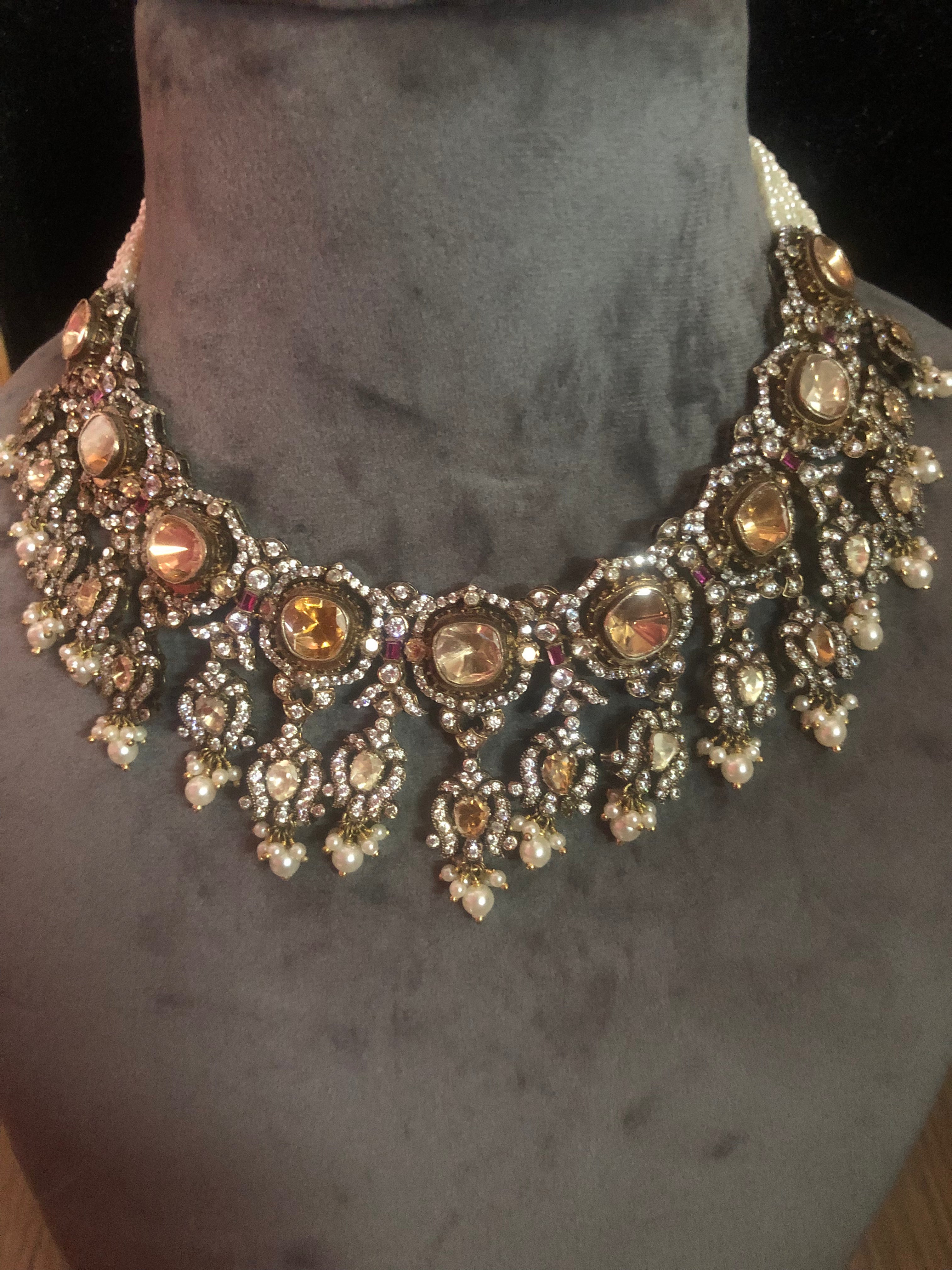 925 Silver Pukhraj Rani Polki Necklace Set - Amrrutam Jewellery