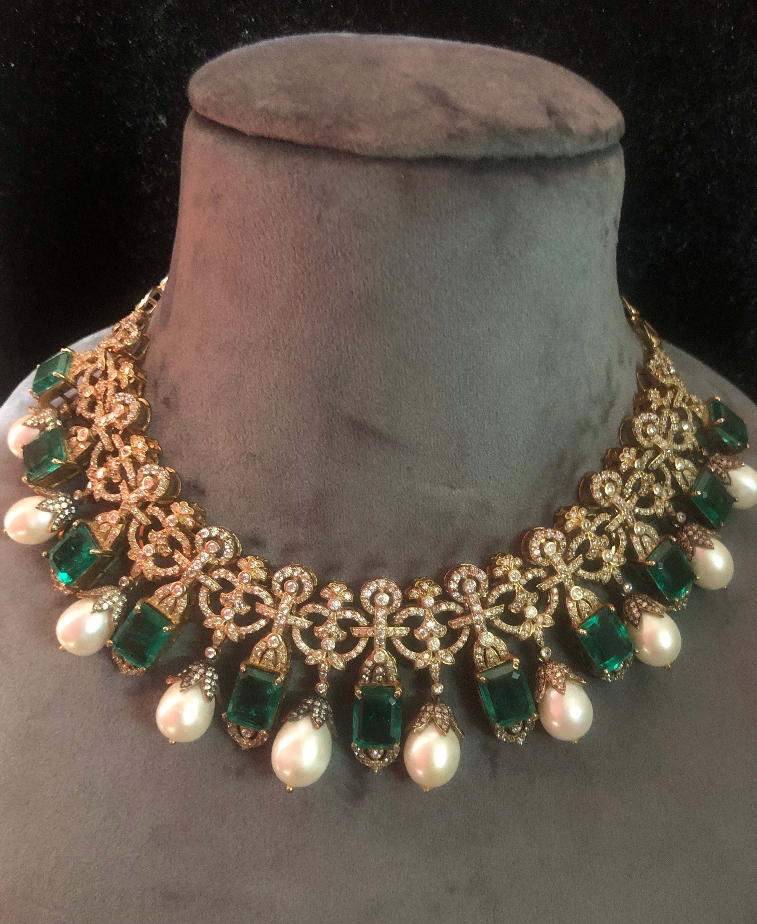 925 Silver Tamannah Modern Polki Emerald Necklace - Amrrutam Jewellery