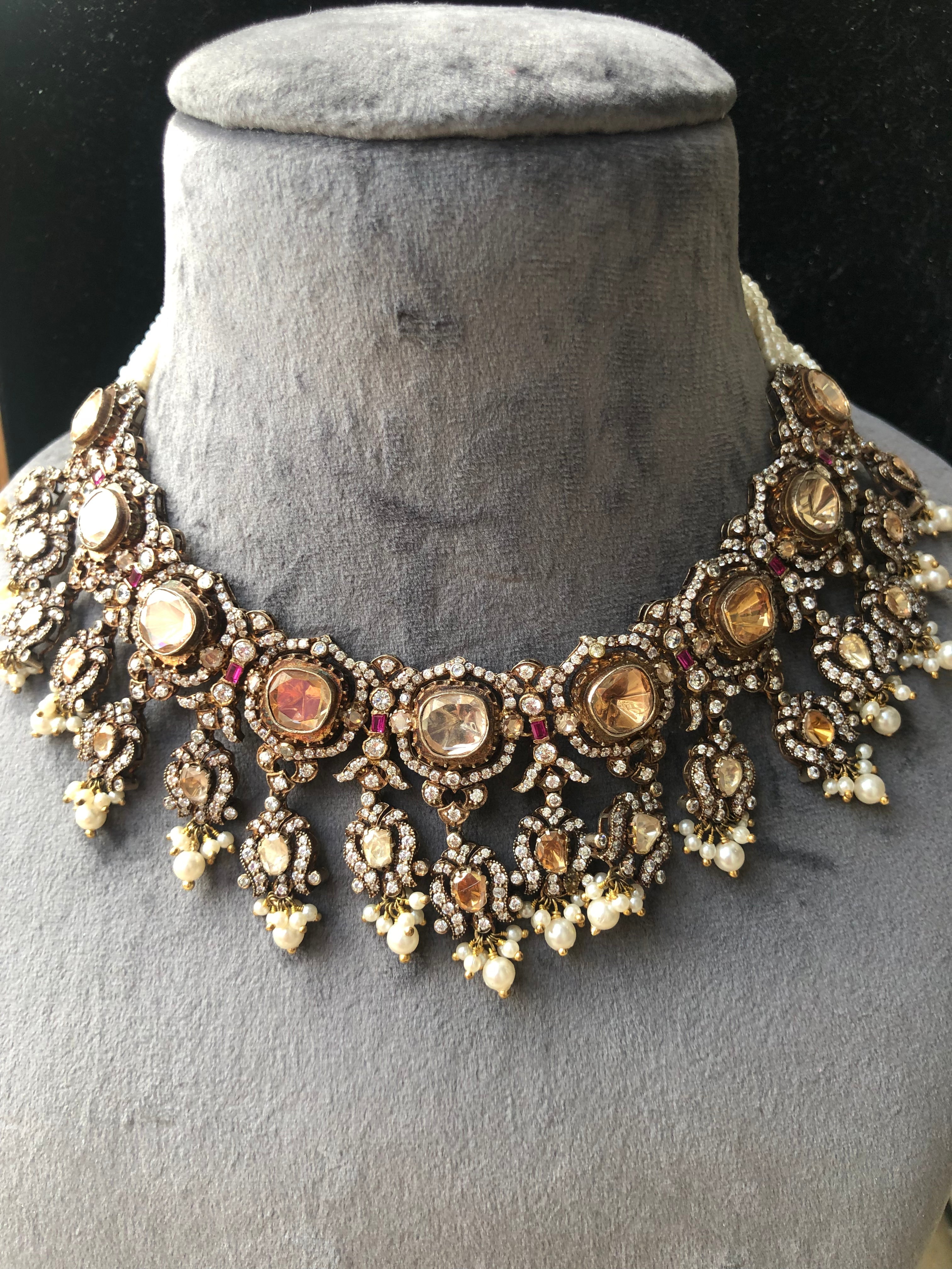 925 Silver Pukhraj Rani Polki Necklace Set - Amrrutam Jewellery