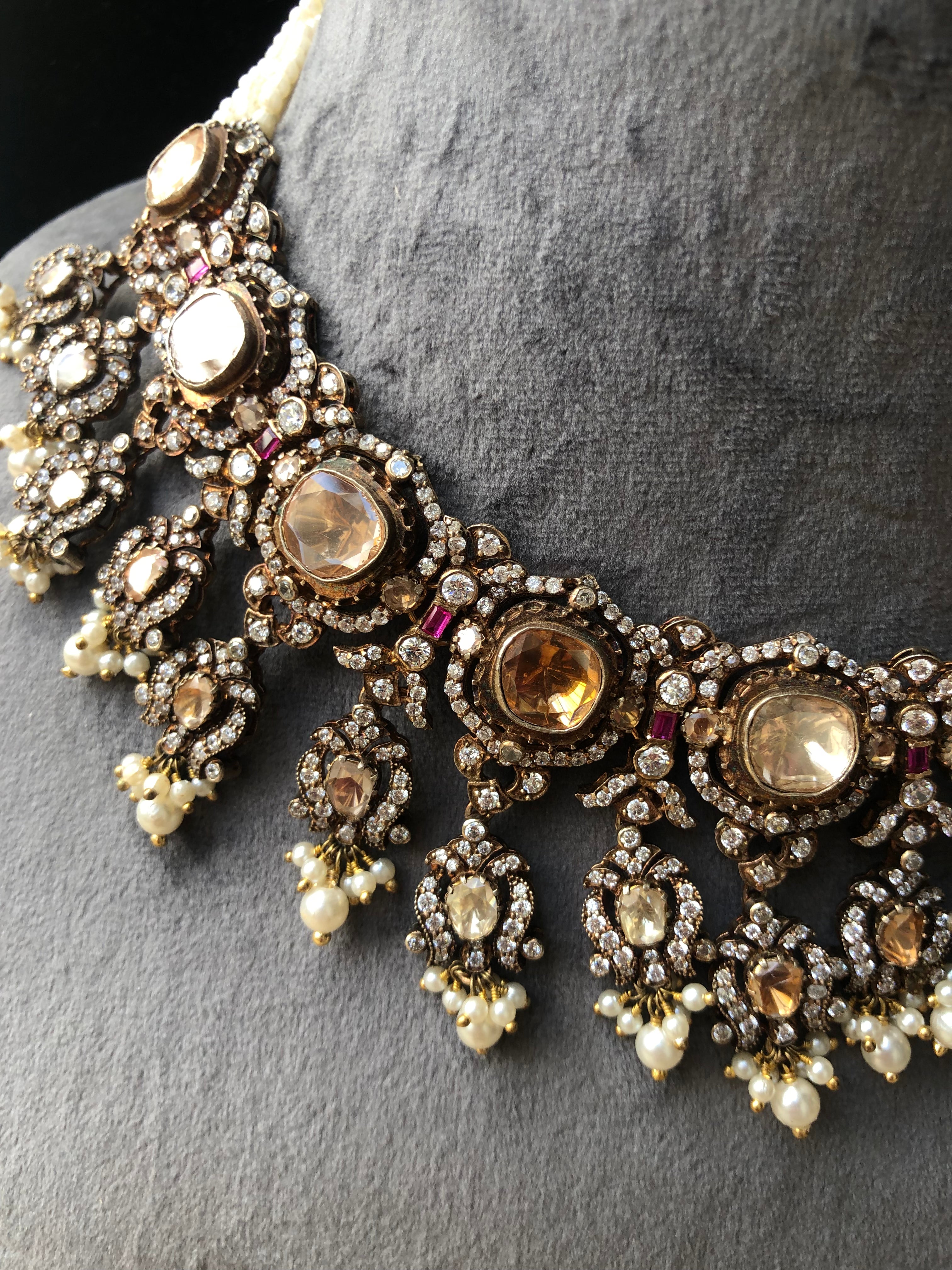 925 Silver Pukhraj Rani Polki Necklace Set - Amrrutam Jewellery