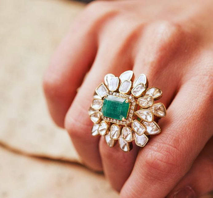 925 Silver Ziya Emerald Uncut Diamond Ring - Amrrutam Jewellery