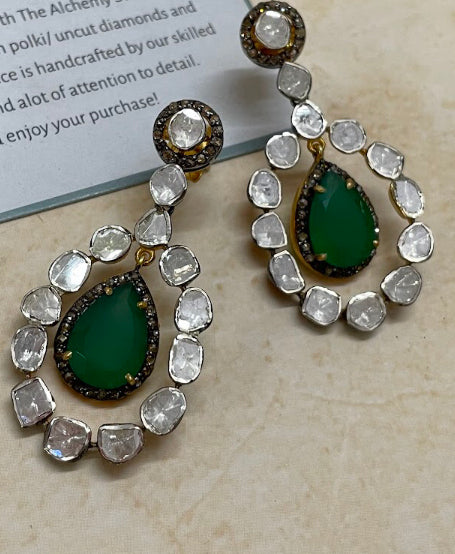 925 Silver Arvi Emerald And Uncut Diamond Earrings - Amrrutam 