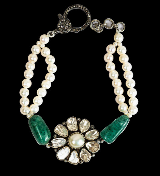 925 Silver Amaira Pastel Uncut Diamond Pearl Bracelet - Amrrutam 