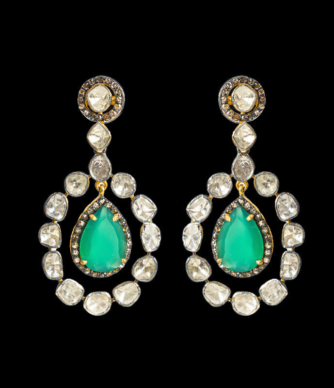 925 Silver Arvi Emerald And Uncut Diamond Earrings - Amrrutam 