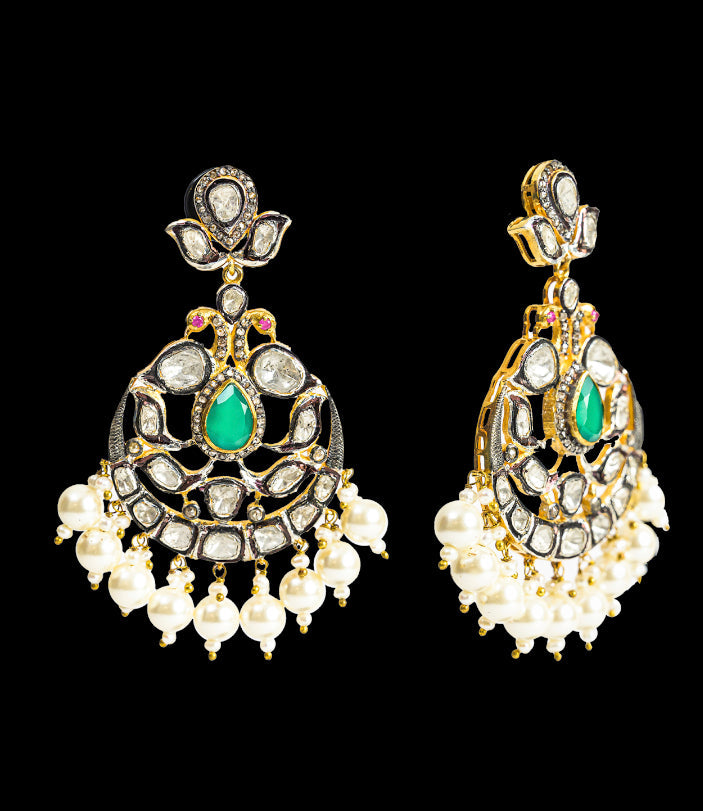 925 Silver Asmal Emerald And Uncut Diamond Chandbali Earrings - Amrrutam 