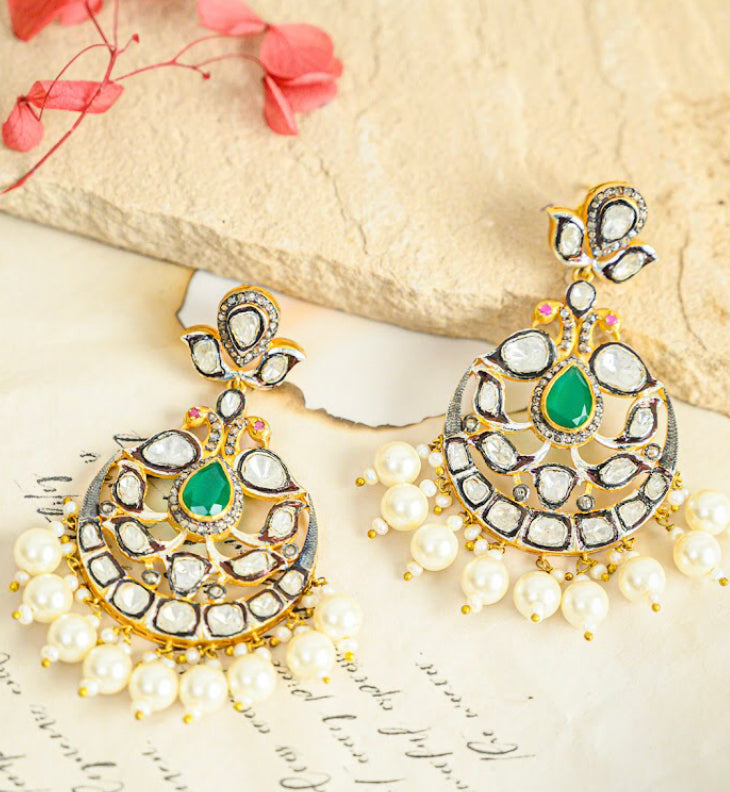 925 Silver Asmal Emerald And Uncut Diamond Chandbali Earrings - Amrrutam 