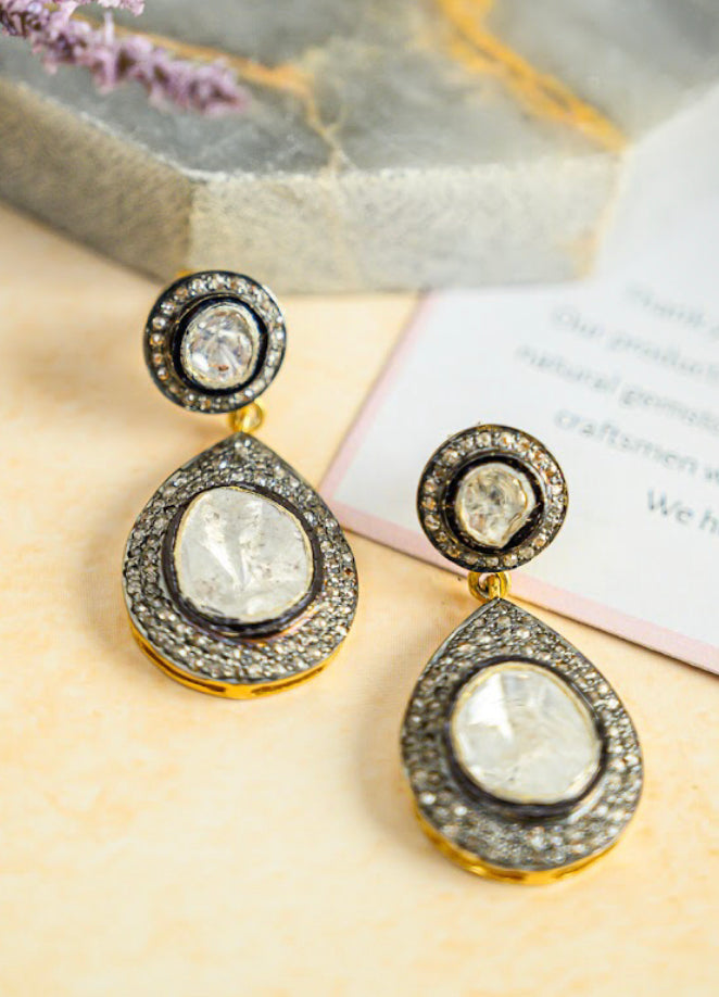 925 Silver Bianca Uncut Diamond Drop Earrings - Amrrutam 