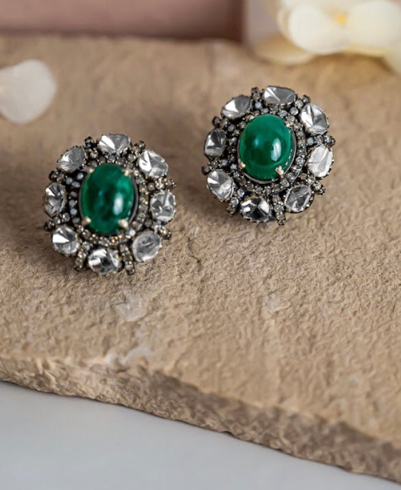 925 Silver Cabochan Emerald And Uncut Diamond Stud Earrings - Amrrutam 