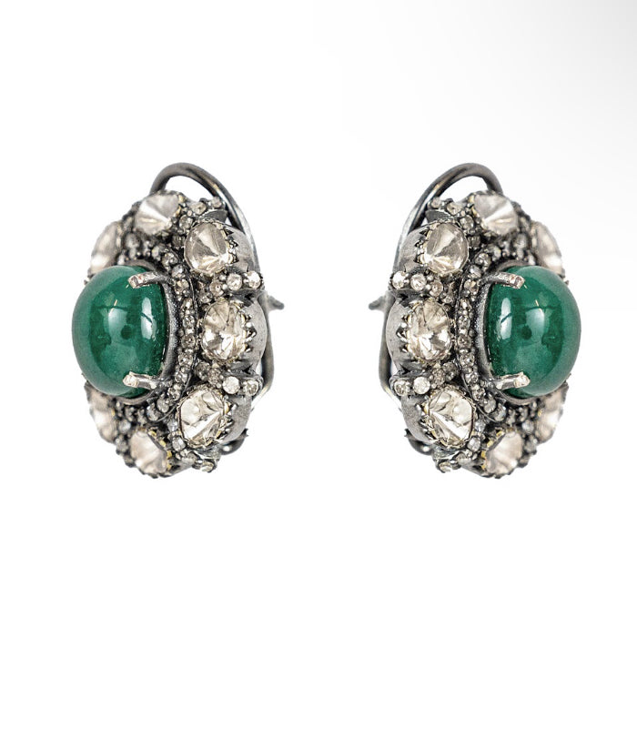 925 Silver Cabochan Emerald And Uncut Diamond Stud Earrings - Amrrutam 