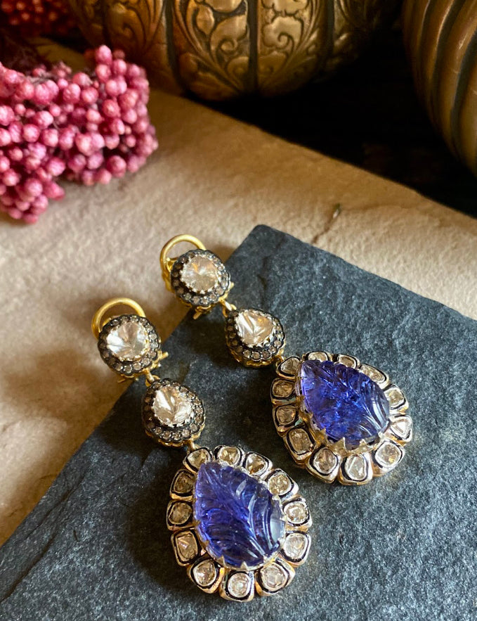 925 Silver Clara Tanzanite And Uncut Diamond Drop Earrings - Amrrutam 