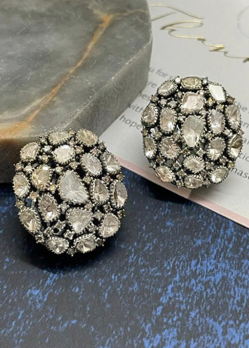 925 Silver Kia Dome Uncut Diamond Bold Stud Earrings - Amrrutam 