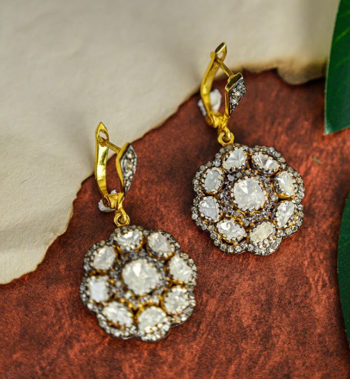 925 Silver Mehran Floral Uncut Diamond Drop Earrings - Amrrutam 