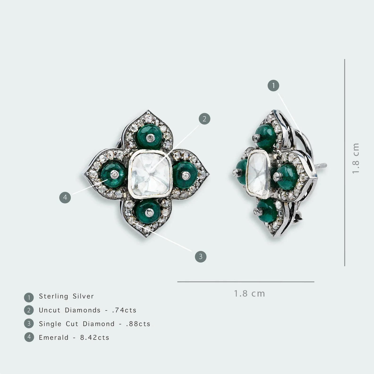 925 Silver Four Petal Emerald And Uncut Diamond Stud Earrings - Amrrutam 
