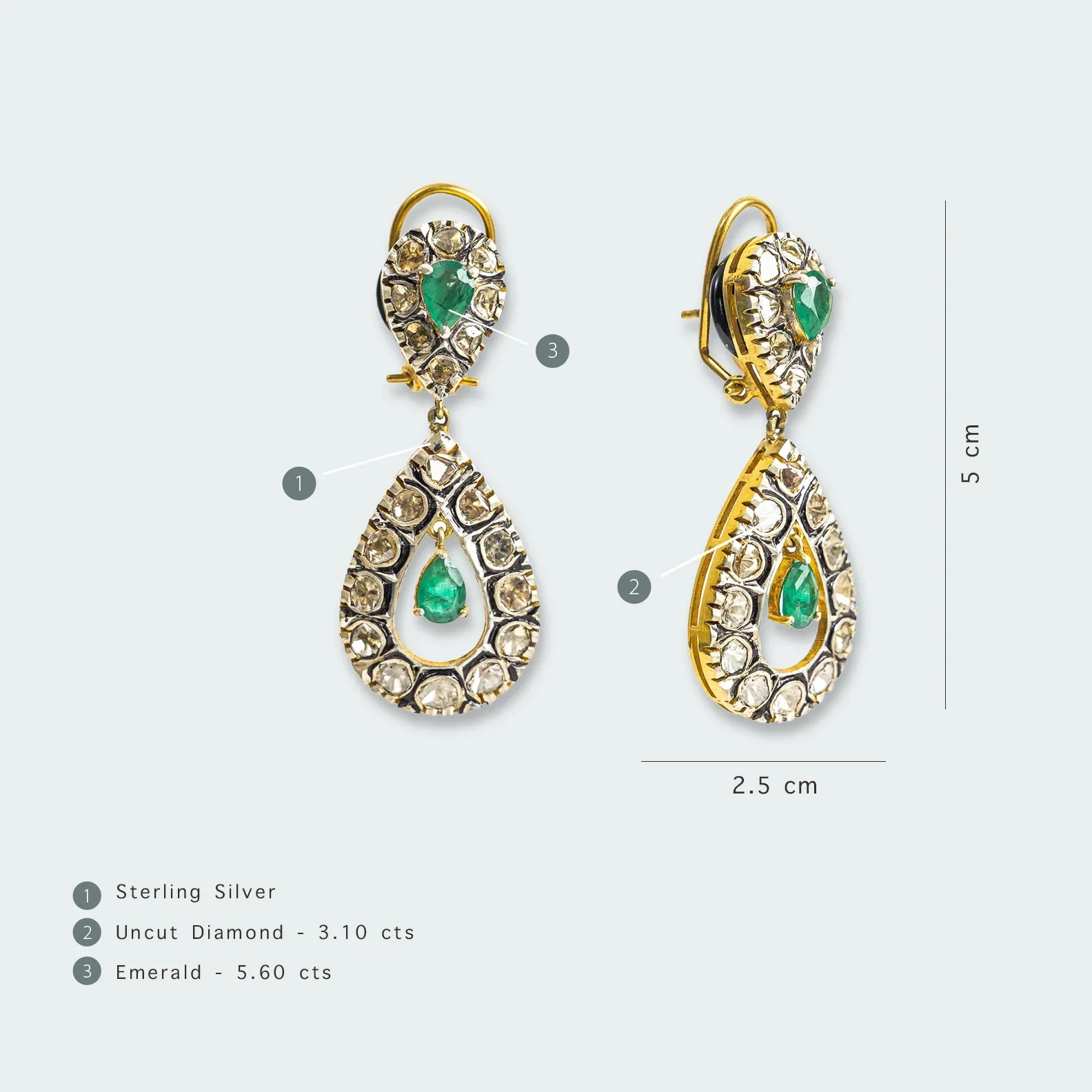 925 Silver Jivan Emerald And Uncut Diamond Drop Earrings - Amrrutam 