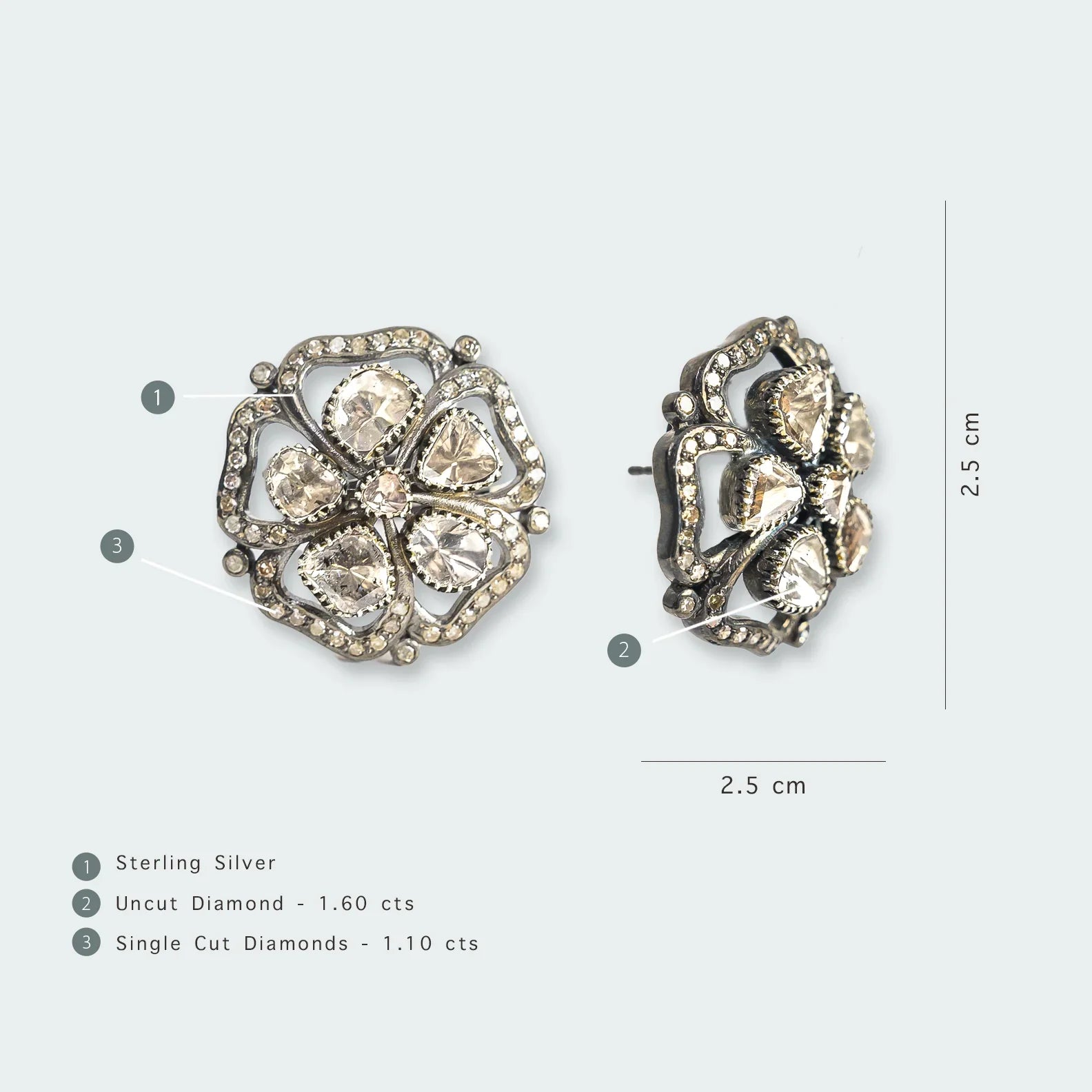 925 Silver Kyra Uncut Diamond Bold Stud Earrings - Amrrutam 