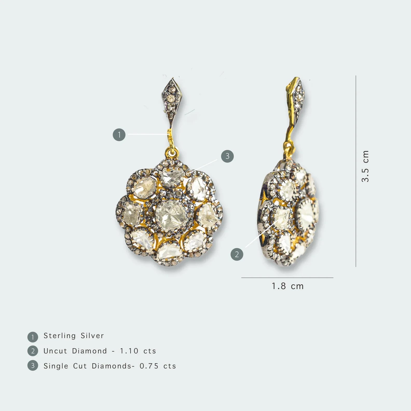 925 Silver Mehran Floral Uncut Diamond Drop Earrings - Amrrutam 
